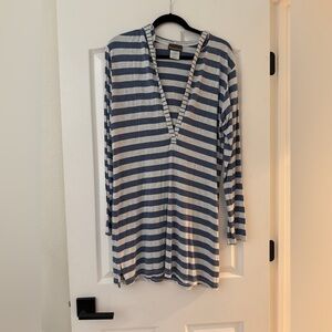 Tommy Bahama Blue & Gray Striped Hoodie Tunic – V-Neck Cover-Up – Size L
